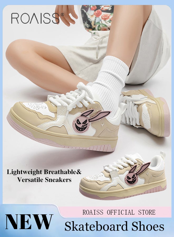 roaiss أحذية رياضية غير رسمية للنساء مع عناصر الأرنب أحذية مسطحة متعددة الاستخدامات للنساء رباط أمامي نعل مطاطي لمقاومة الانزلاق والمتانة أحذية رياضية عصرية للجامعة أحذية رياضية شخصية ومتعددة الاستخدامات - Image 1