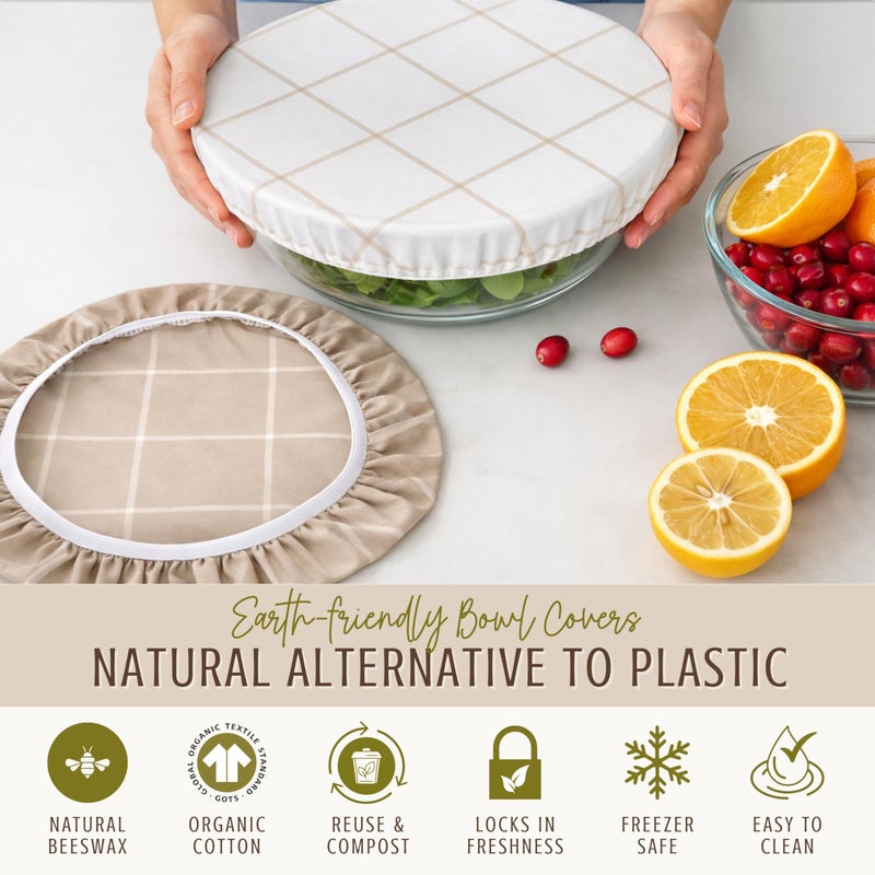 Nectar & Nest أغطية وعاء قابلة لإعادة الاستخدام من نكتار ونيست لتخمير الخبز (2 كبير) - أغطية وعاء شمع العسل قابلة لإعادة الاستخدام، 100% قطن عضوي، غطاء مرن للعجين، تخمير العجين وتخزين الطعام، قابلة للتحلل - Image 4
