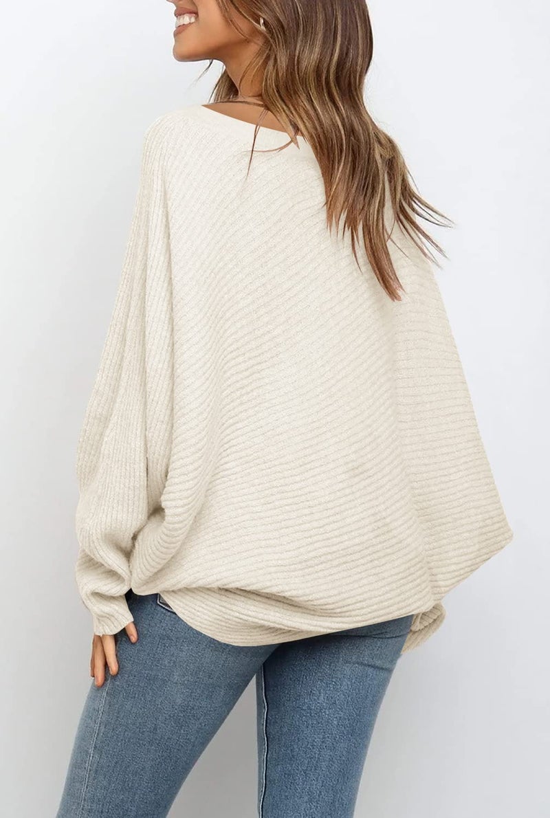 Mafulus Women's Off Shoulder Sweater Batwing Long Sleeve Cable Slouchy Pullover Jumper Tops - Image 2