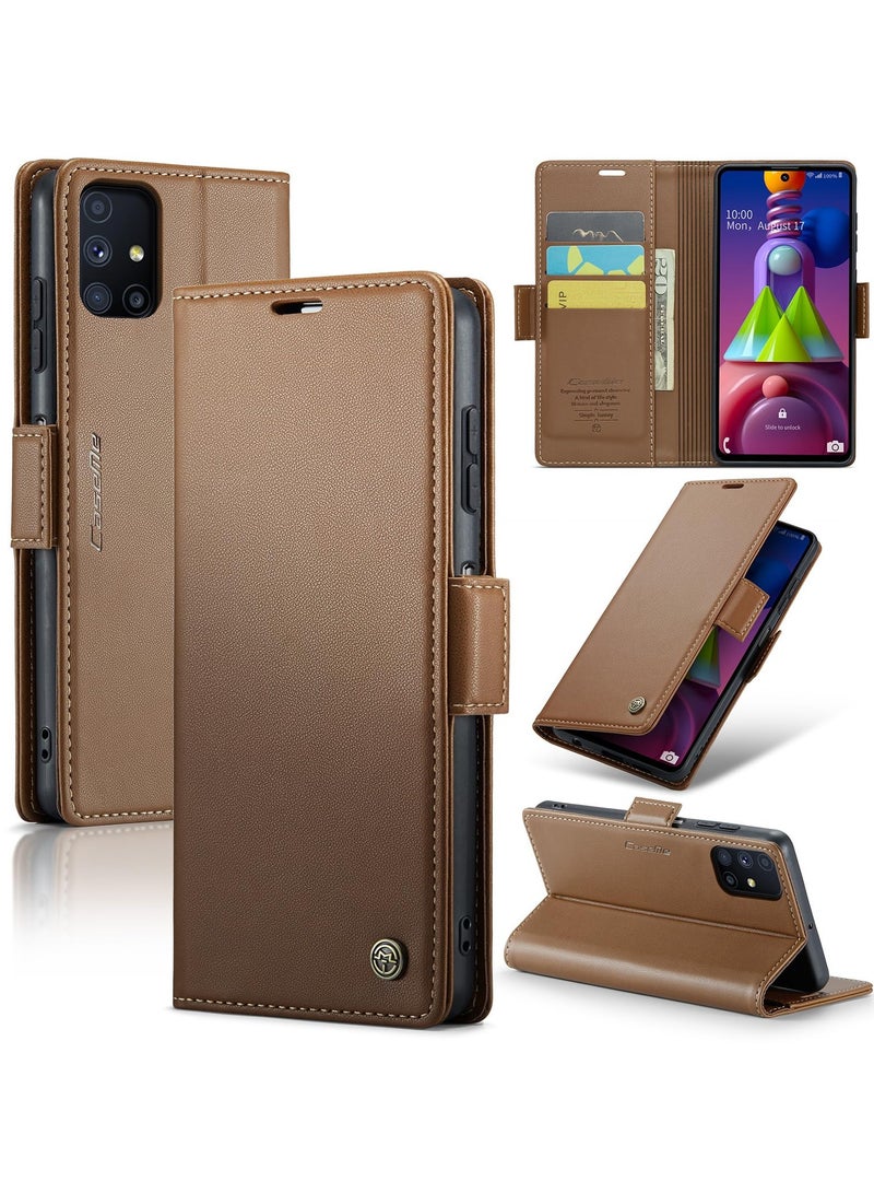 CaseMe Phone Case Luxury PU Leather Design Anti Fingerprint 023 Flip Cover Card Slot Holder Cover For Samsung Galaxy M51 (Brown) - Image 1