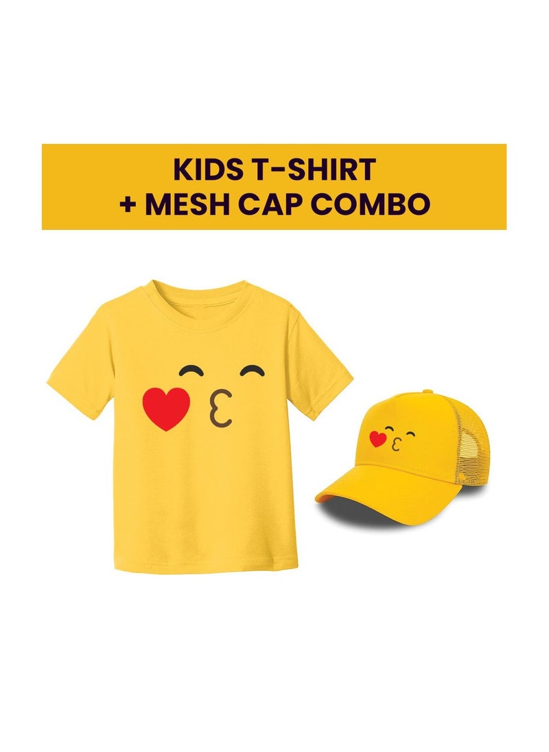 PRINTSHOP4ME - Kids Yellow Smiley Face Pack Of 2 T-Shirt And Cap Combo–Unisex Round Neck Short Sleeve Cotton T-Shirt - Image 1