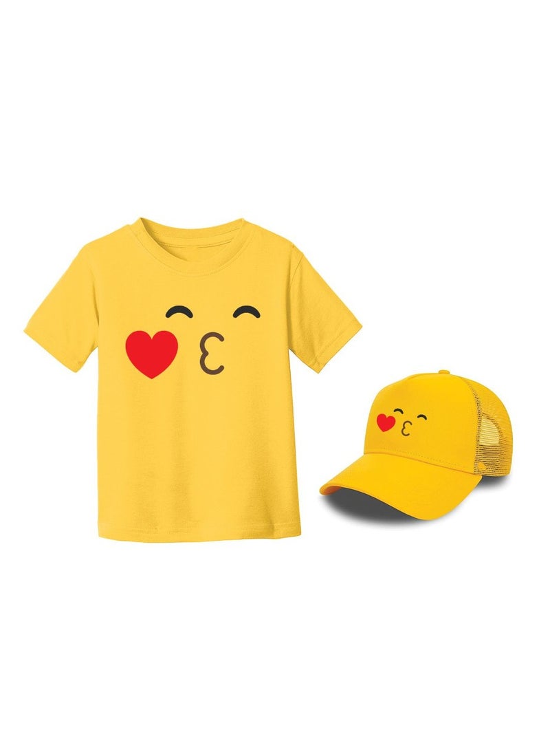 PRINTSHOP4ME - Kids Yellow Smiley Face Pack Of 2 T-Shirt And Cap Combo–Unisex Round Neck Short Sleeve Cotton T-Shirt - Image 1