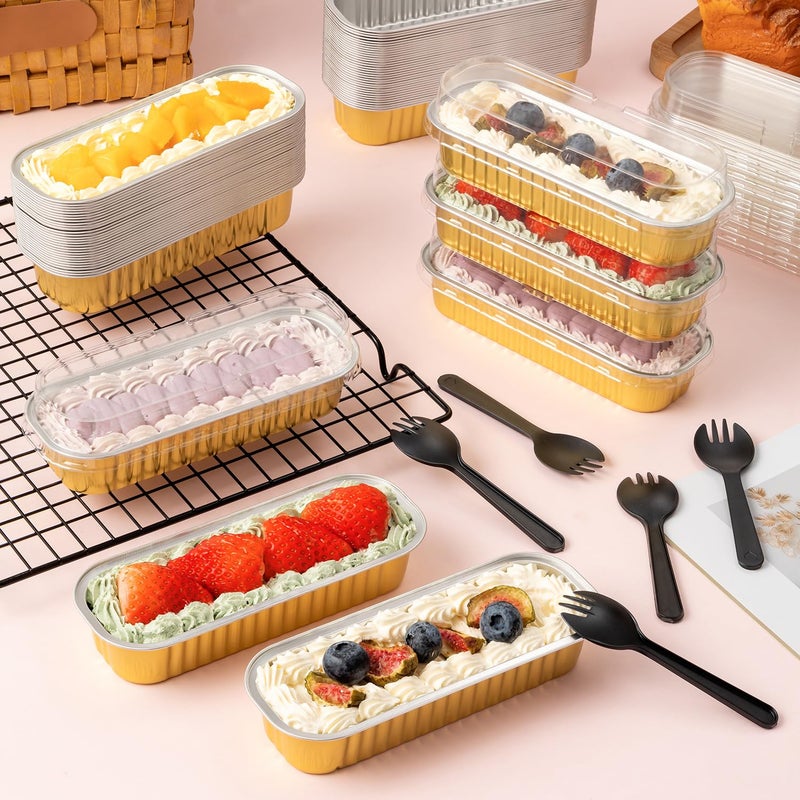 FFNIU 120Pcs Mini Loaf Pans with Lids and Spoons, Aluminum Foil Baking Pans, Rectangle Mini Cake Pan, Brownie Baking Cups for Picnics Party (Gold) - Image 2
