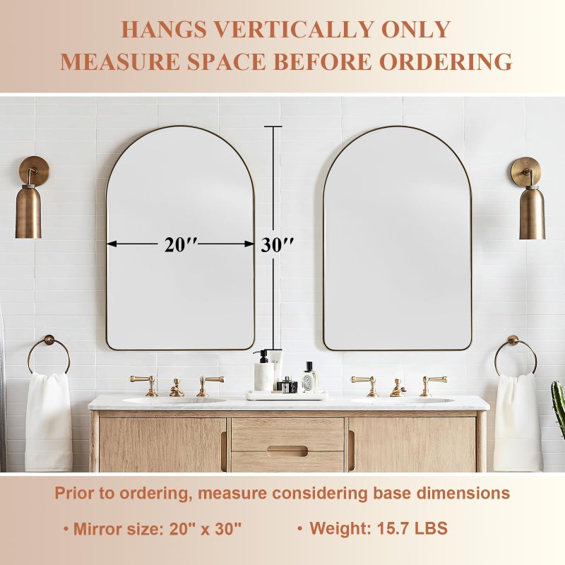 ANDY STAR Arched Mirror, 20 x 30 Inch Gold Bathroom Mirror in Stainless Steel Metal Frame, Arch Top Rounded Corner 1 Inch Deep Set Design Wall Mount Hangs Vertical - Image 2