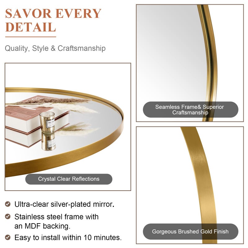 ANDY STAR Arched Mirror, 20 x 30 Inch Gold Bathroom Mirror in Stainless Steel Metal Frame, Arch Top Rounded Corner 1 Inch Deep Set Design Wall Mount Hangs Vertical - Image 3