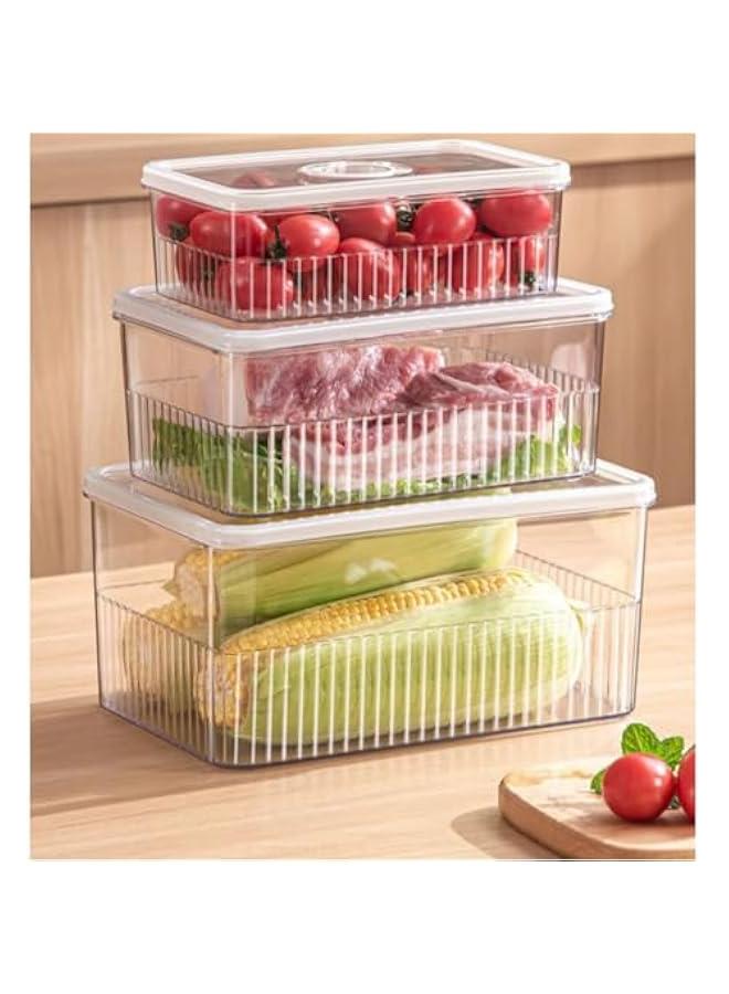 HOOKOR Fridge Organizer Bins Superior Food Storage Container with Freshness Timer Lid, Drain Tray - Fits for Fruits,Vegetable,Meat,3 Rectangle Sets(C) - Image 1