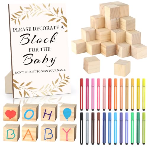 wookidel Baby Shower Games Sign Kit with 50 Blank Wooden Baby Blocks 24 Acrylic Paint Marker and Wooden Sign Blocks for Baby Shower Games Gender Reveals PartyGold - Image 1
