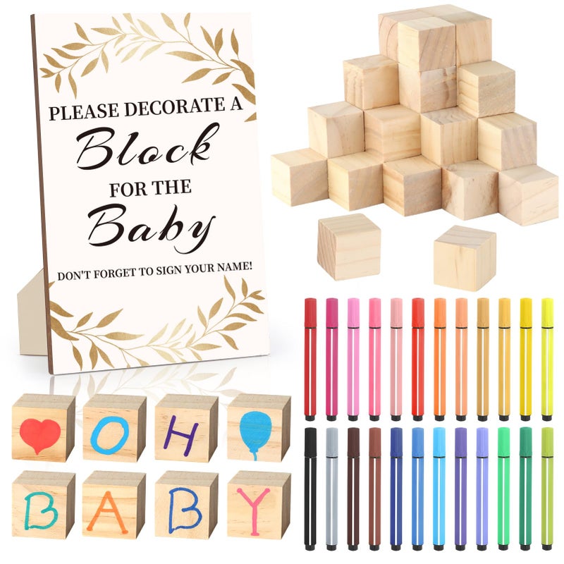 wookidel Baby Shower Games Sign Kit with 50 Blank Wooden Baby Blocks 24 Acrylic Paint Marker and Wooden Sign Blocks for Baby Shower Games Gender Reveals PartyGold - Image 2
