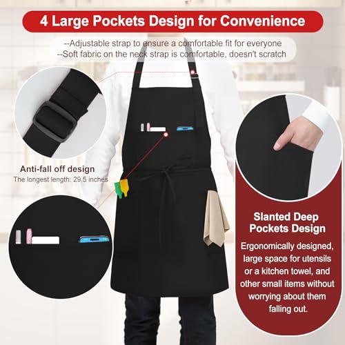SHEOMERN 3 Pcs Dual Waterproof Oilproof Kitchen Chef Aprons with 4 Pockets for Men Women, Adjustable Soft Anti-Tear Cooking Bib Apron for Baking Grilling BBQ Painting Cleaning (Black) - Image 4