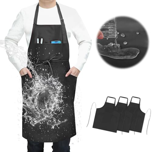 SHEOMERN 3 Pcs Dual Waterproof Oilproof Kitchen Chef Aprons with 4 Pockets for Men Women, Adjustable Soft Anti-Tear Cooking Bib Apron for Baking Grilling BBQ Painting Cleaning (Black) - Image 1