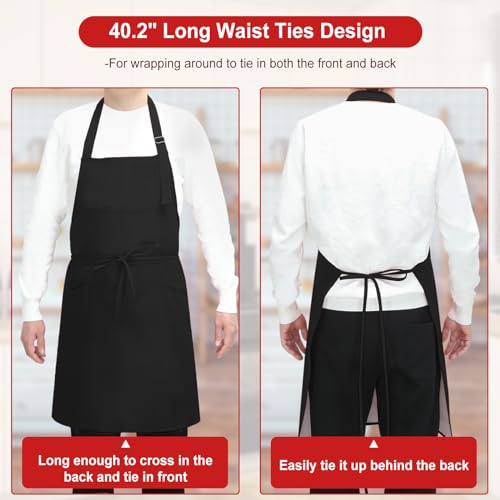 SHEOMERN 3 Pcs Dual Waterproof Oilproof Kitchen Chef Aprons with 4 Pockets for Men Women, Adjustable Soft Anti-Tear Cooking Bib Apron for Baking Grilling BBQ Painting Cleaning (Black) - Image 5