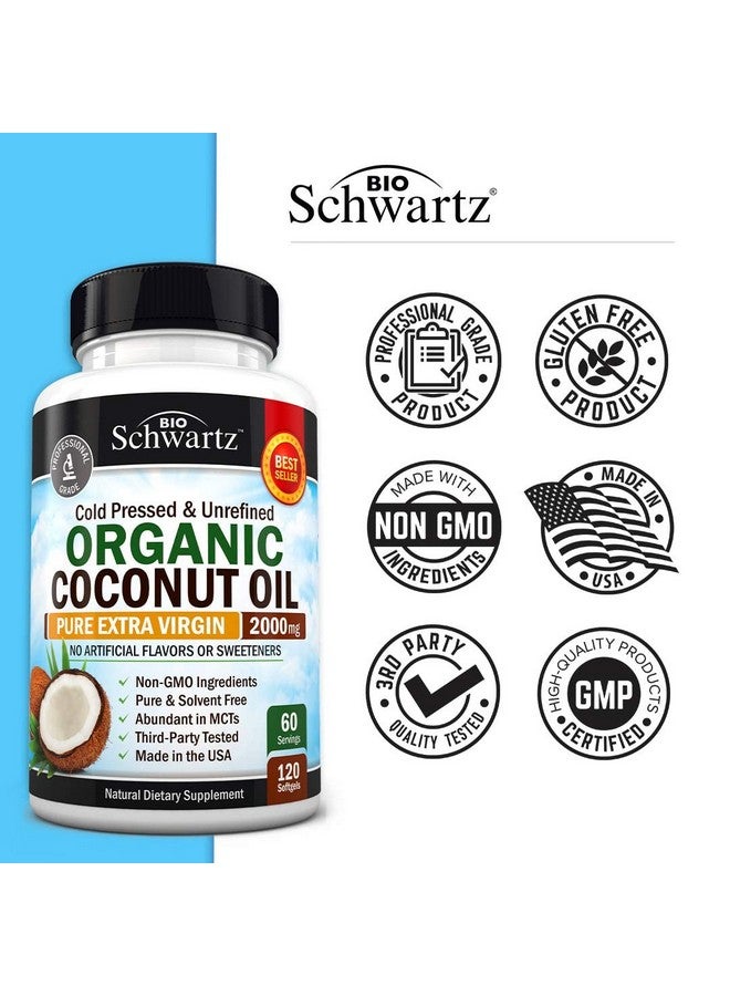 BioSchwartz كبسولات زيت جوز الهند 2000 ملغ عضوي نقي بكر غير مكرر مضغوط على البارد غني بـ MCT وغير معدّل وراثيًا لدعم صحة البشرة والأظافر ونمو الشعر وتقليل الانتفاخ ومكافحة الشيخوخة والهضم 120 حبة (إمداد لمدة شهرين) - Image 5