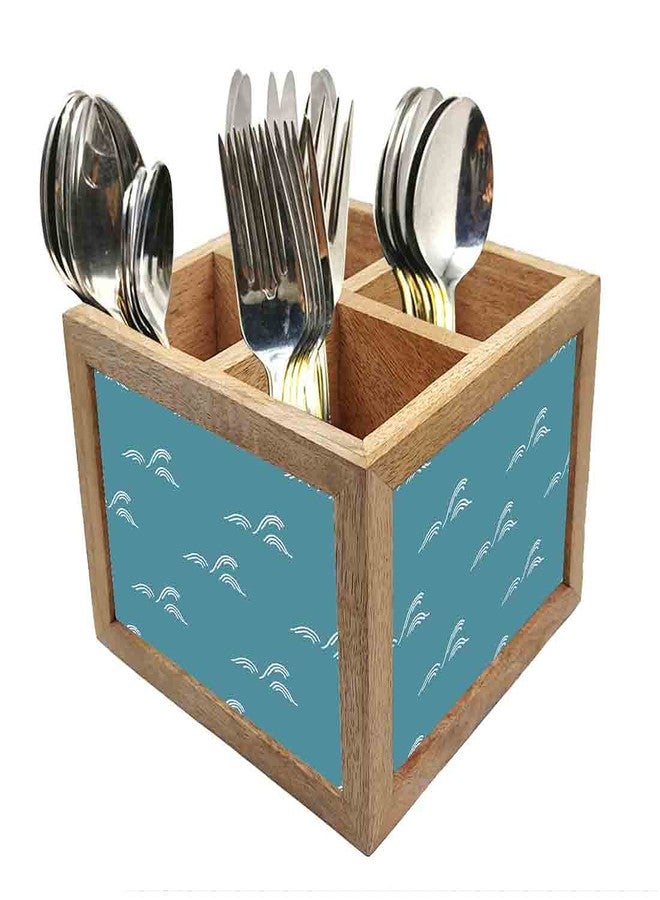 Nutcase Wooden Cutlery Stand Holder Silverware Caddy Spoons Forks Knives Organizer for Dining Table & Kitchen -Made in India-Spoons NOT Included - Shades of Teal - Image 1