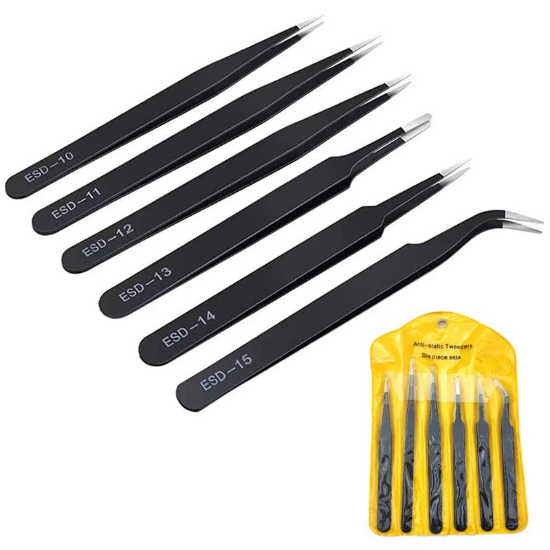 Zaptec ESD Anti-Static Stainless Steel Tweezers Set for Electronics, Craft, Precision Repairing, DIY, Jewellery Making (6 Pcs) - Image 1