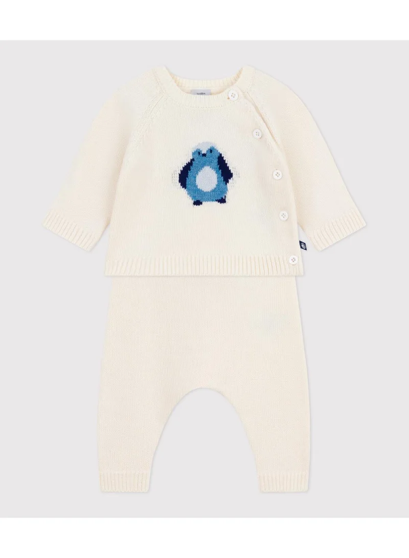 Petit Bateau Babies' two-piece knitted outfit with a penguin print