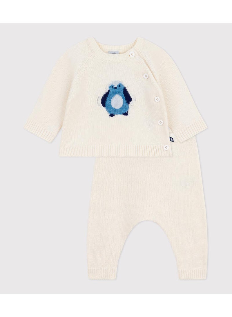 Petit Bateau Babies' two-piece knitted outfit with a penguin print - Image 1