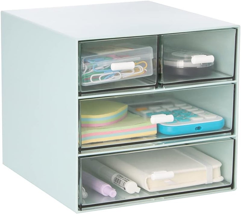 LETURE Desk Organizer with 4 Drawers, Clear Plastic Desk Storage Box, Desktop Organization for Office Supplies, Gel Pens, Pencils, Markers, Tape, Erasers, Paperclips, Chargers (Blue) - Image 1