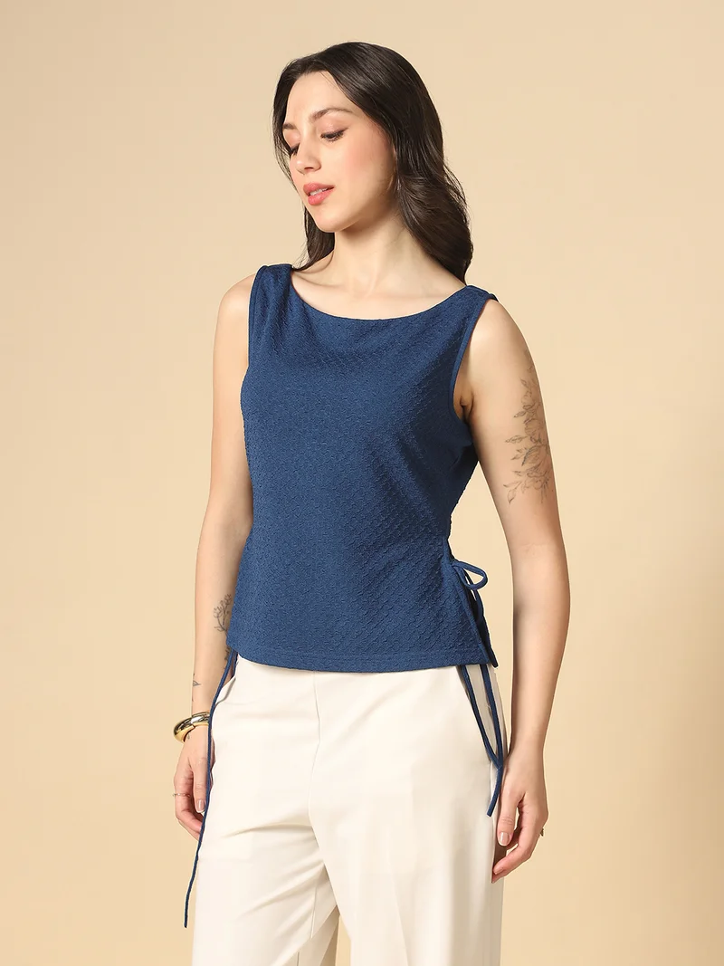 Globus Women Blue Boat Neck Waist Tie-Ups Sleeveless Textured Top