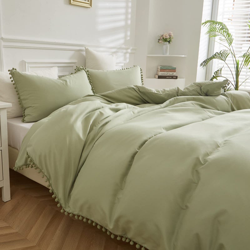 Green Duvet Cover Double 3Pcs Pompom Bedding Tassels Quilt Cover Soft Cozy Microfiber Bedding with Zipper Closure for Home Decor 200x200cm