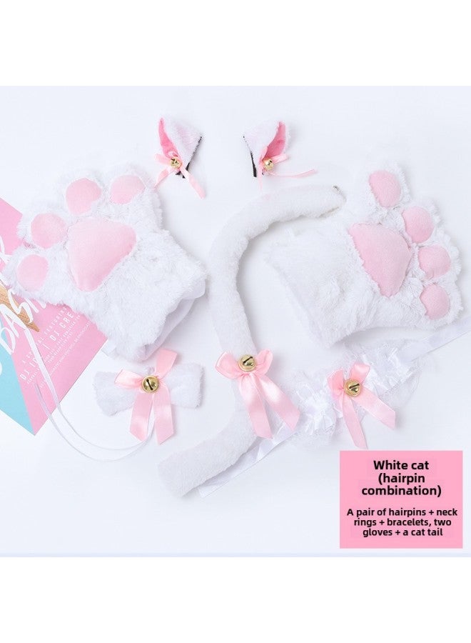 Cat Cos Props Cat Hair Hoop Cat Paw Gloves Cat Tail Cute Cat Costume Props Set-Color:F-27 White Cat Hairpin Combination  - Image 1