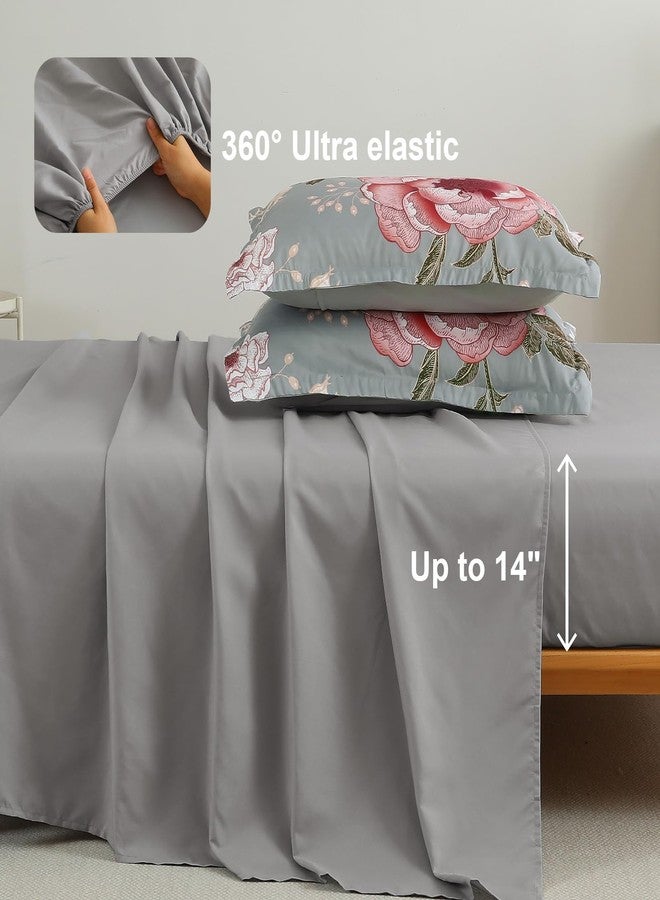 Luxudecor طقم لحاف لوكسوديكور مزهر بحجم كينغ 7 قطع، حقيبة سرير، طباعة زهور وردية على مجموعة بياضات رمادية، مجموعة بياضات ناعمة من الألياف الدقيقة لجميع الفصول (رمادي، 104"x90") - Image 4