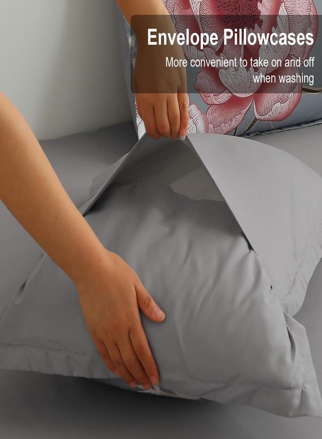 Luxudecor طقم لحاف لوكسوديكور مزهر بحجم كينغ 7 قطع، حقيبة سرير، طباعة زهور وردية على مجموعة بياضات رمادية، مجموعة بياضات ناعمة من الألياف الدقيقة لجميع الفصول (رمادي، 104"x90") - Image 5