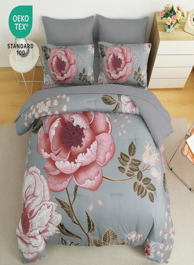 Luxudecor طقم لحاف لوكسوديكور مزهر بحجم كينغ 7 قطع، حقيبة سرير، طباعة زهور وردية على مجموعة بياضات رمادية، مجموعة بياضات ناعمة من الألياف الدقيقة لجميع الفصول (رمادي، 104"x90") - Image 3