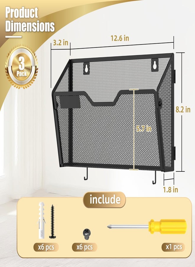 Docnest 3 Pack Hanging Wall File Holders, Mesh Wall Letter File Holder, Wall Mounted Mail Paper Document Folder Holder with Hooks for Office, Home, School, Black - Image 2