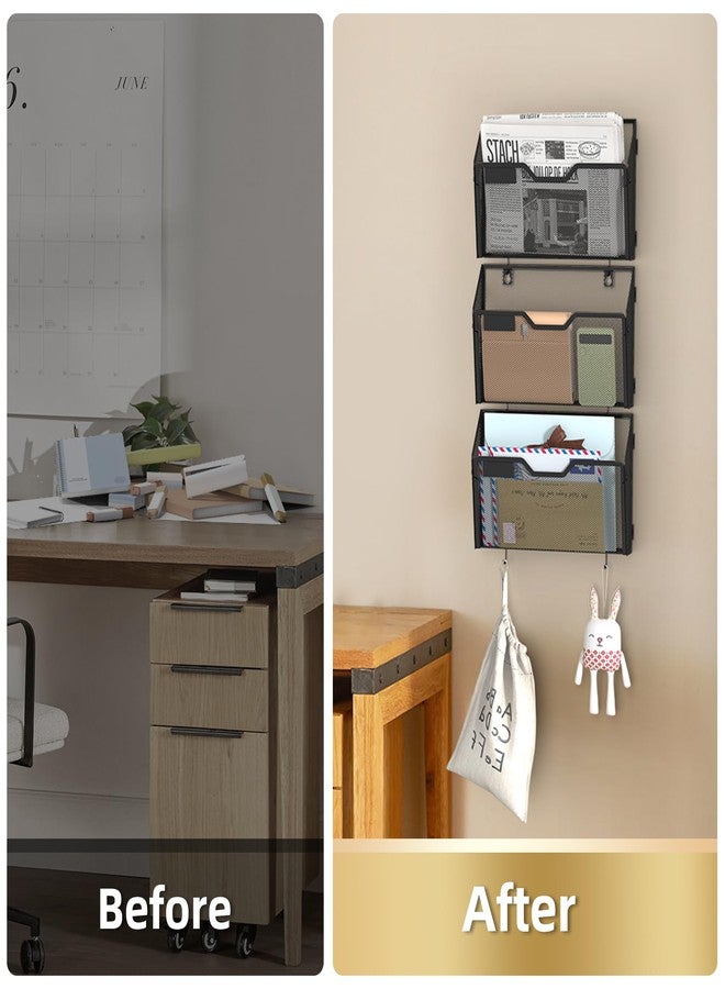 Docnest 3 Pack Hanging Wall File Holders, Mesh Wall Letter File Holder, Wall Mounted Mail Paper Document Folder Holder with Hooks for Office, Home, School, Black - Image 3
