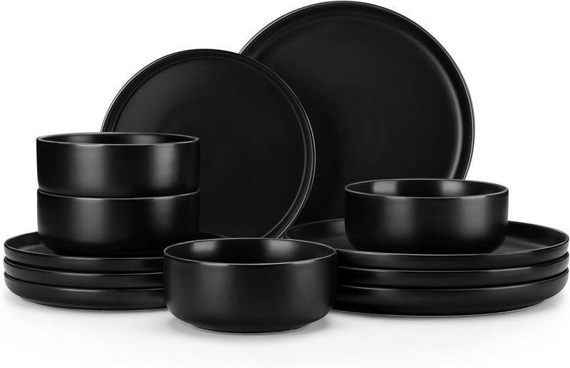 MALACASA Plates and Bowls Sets 12 Pieces Porcelain Dinnerware Set for 4 Kitchen Dinner Ware Set Ceramic Dishware Dishes Microwave and Dishwasher Safe Black Series LUNA - Image 1