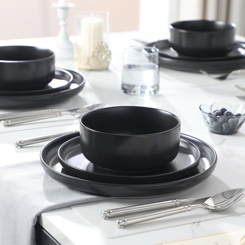 MALACASA Plates and Bowls Sets 12 Pieces Porcelain Dinnerware Set for 4 Kitchen Dinner Ware Set Ceramic Dishware Dishes Microwave and Dishwasher Safe Black Series LUNA - Image 5