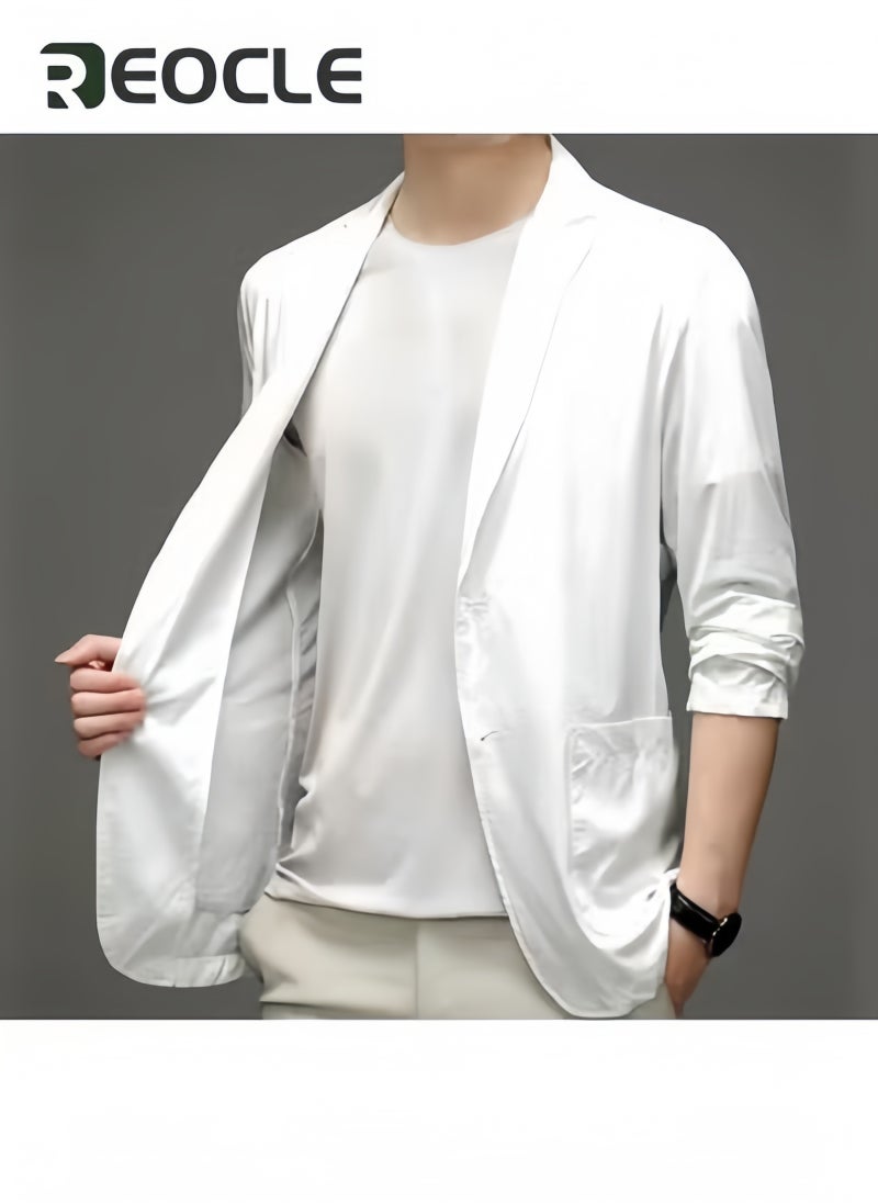 REOCLE Men's Blazer Lightweight Suit Jacket Korean Style Men's Business Single-Breasted Sun Protection Suit 2 Button Blazer Sport Coat White  - Image 2