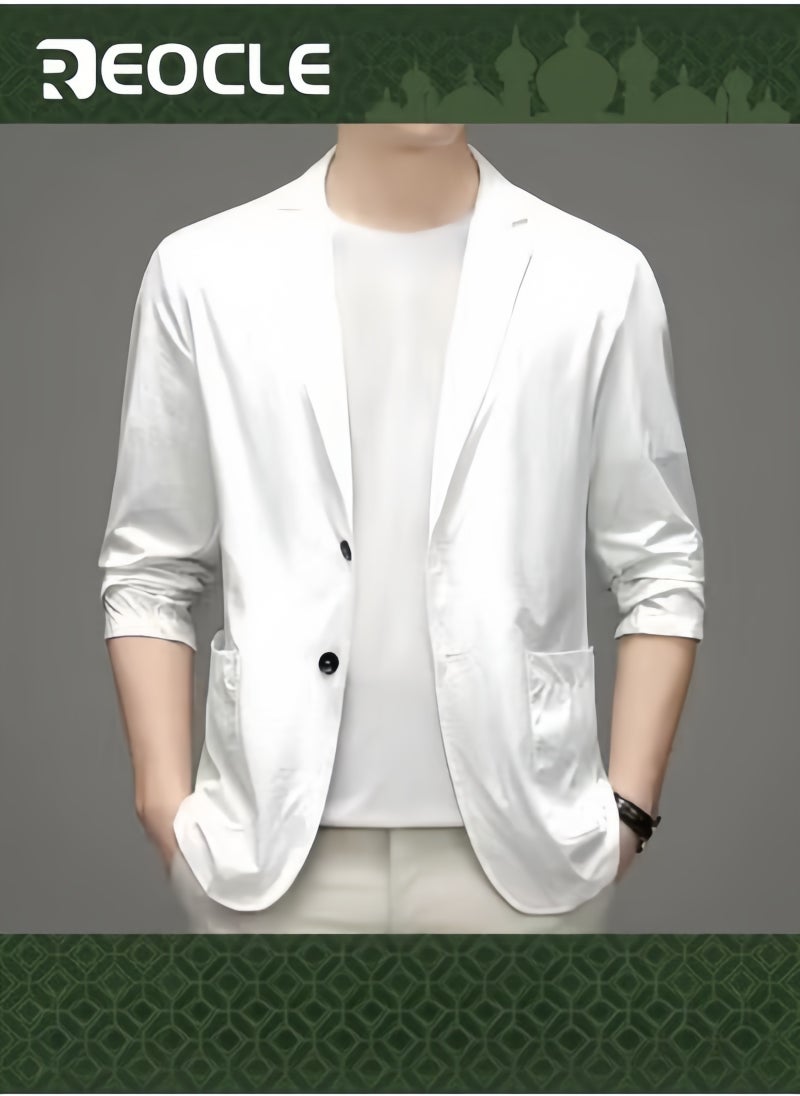 REOCLE Men's Blazer Lightweight Suit Jacket Korean Style Men's Business Single-Breasted Sun Protection Suit 2 Button Blazer Sport Coat White  - Image 1