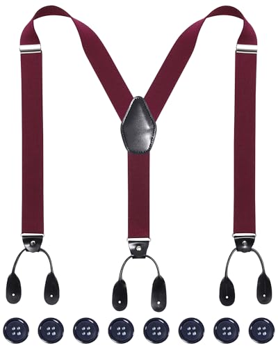 Kajeer Mens Adjustable Button End Suspenders - Y-Back Elastic Tuxedo Suspenders with Heavy Duty Leather Buttons End (Wine red) - Image 1