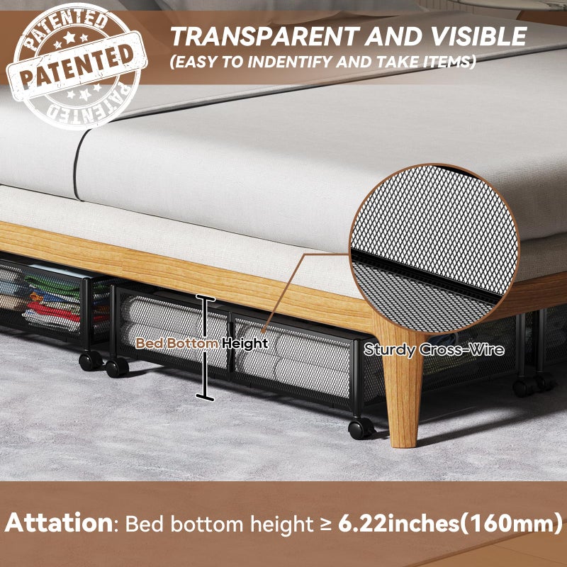 PHINOX Under Bed Storage with wheels, Under the Bed Storage Containers,Upgrade Crossed Iron Wire, Metal Rolling Underbed Storage Containers for Bedroom Clothes Shoes Blankets-2 Pack,Black - Image 5
