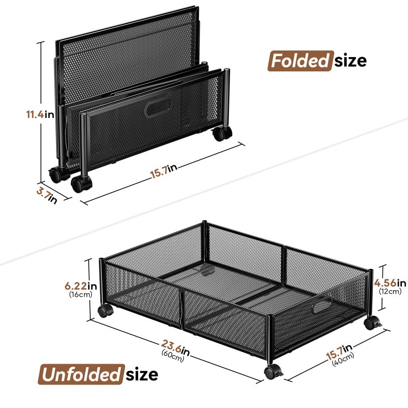 PHINOX Under Bed Storage with wheels, Under the Bed Storage Containers,Upgrade Crossed Iron Wire, Metal Rolling Underbed Storage Containers for Bedroom Clothes Shoes Blankets-2 Pack,Black - Image 2