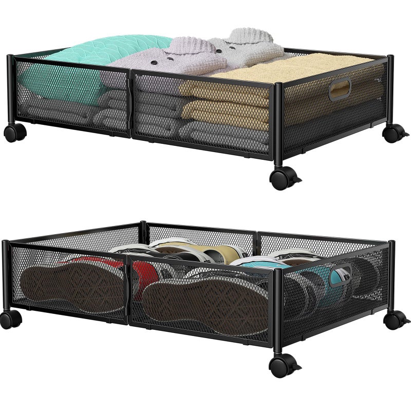 PHINOX Under Bed Storage with wheels, Under the Bed Storage Containers,Upgrade Crossed Iron Wire, Metal Rolling Underbed Storage Containers for Bedroom Clothes Shoes Blankets-2 Pack,Black - Image 1