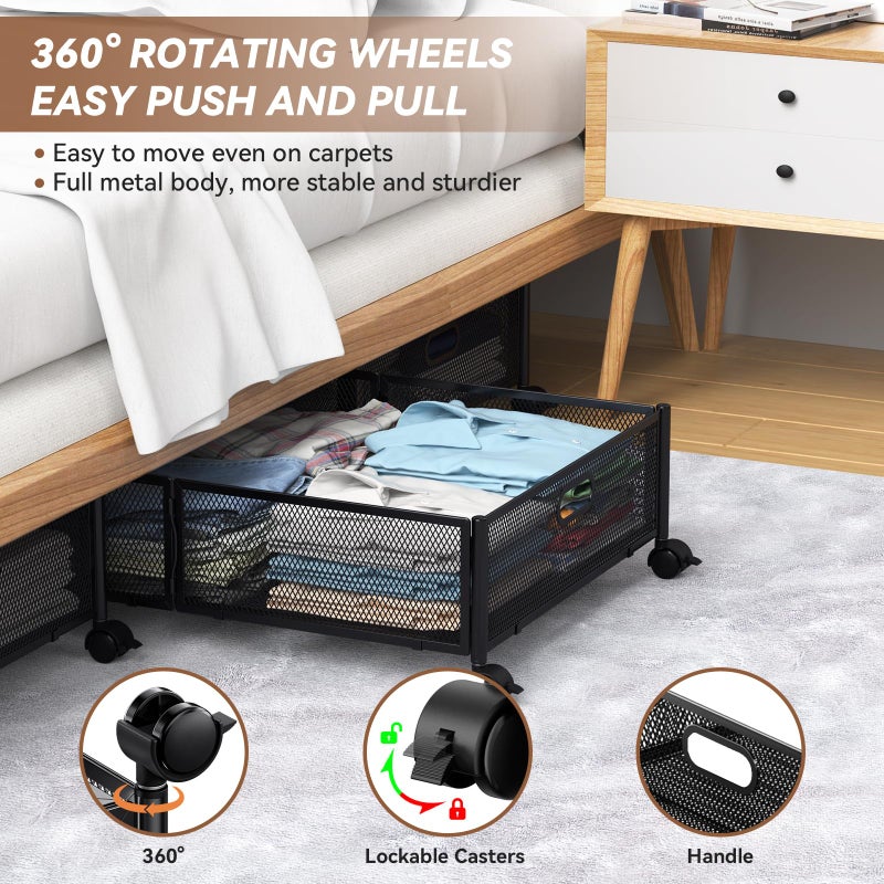 PHINOX Under Bed Storage with wheels, Under the Bed Storage Containers,Upgrade Crossed Iron Wire, Metal Rolling Underbed Storage Containers for Bedroom Clothes Shoes Blankets-2 Pack,Black - Image 3