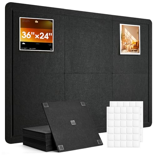 Woovio Bulletin Board, 36 x 24 inches Cork Board Alternative, 6 Pack 12"X12"X0.4" Felt Pin Boards for Walls Home Office Decor, Classroom with 30 Adhesive Tabs Black - Image 1
