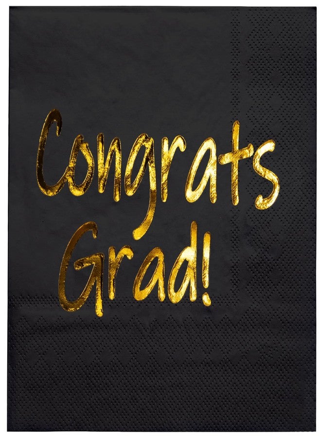 WRAPAHOLIC 25Pcs Graduation Cocktail Napkins - 3-Ply Black Gold Foil Congrats Grad Disposable Paper Napkins for Graduation Party Tableware Party Supplies - 5 x 5 In - Image 1