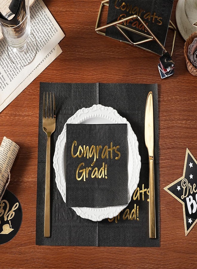 WRAPAHOLIC 25Pcs Graduation Cocktail Napkins - 3-Ply Black Gold Foil Congrats Grad Disposable Paper Napkins for Graduation Party Tableware Party Supplies - 5 x 5 In - Image 3