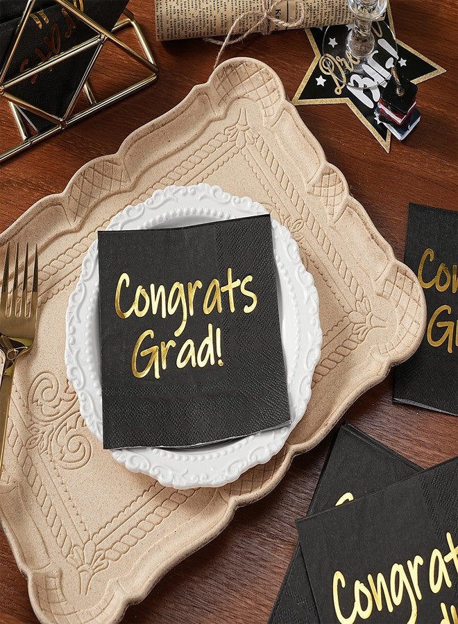 WRAPAHOLIC 25Pcs Graduation Cocktail Napkins - 3-Ply Black Gold Foil Congrats Grad Disposable Paper Napkins for Graduation Party Tableware Party Supplies - 5 x 5 In - Image 5
