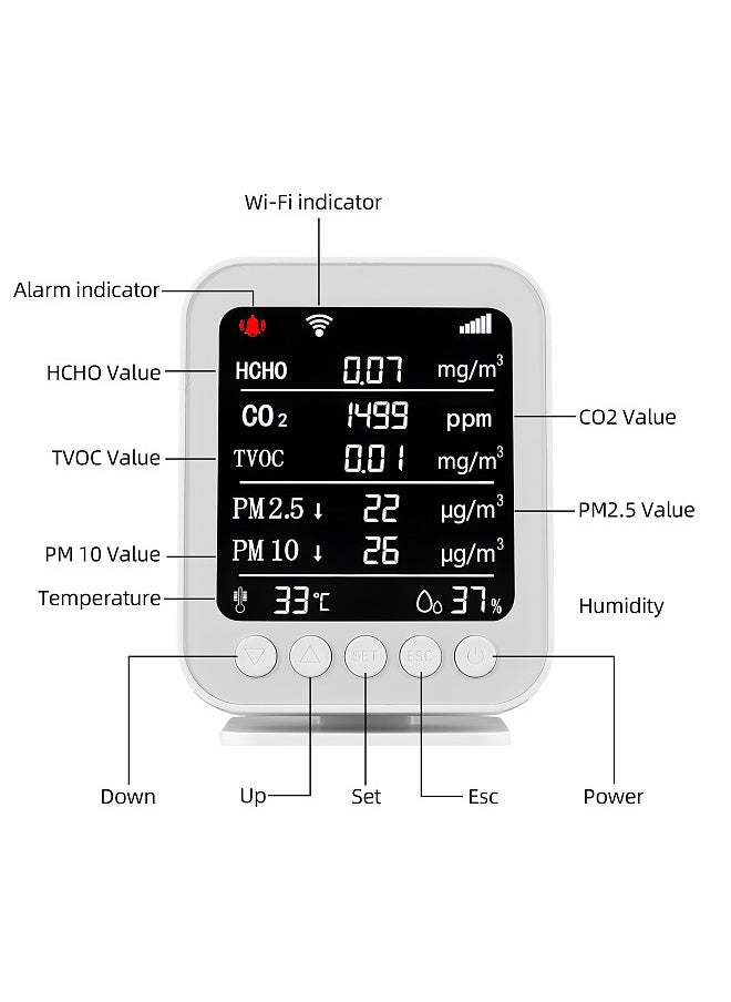Indoor Air Quality Monitor Tuya App WiFi Formaldehyde Detector CO2 PM2.5 PM10 TVOC Tester Type-C Rechargeable Household Professional Temperature Humidity Measurement Infrared Sensor