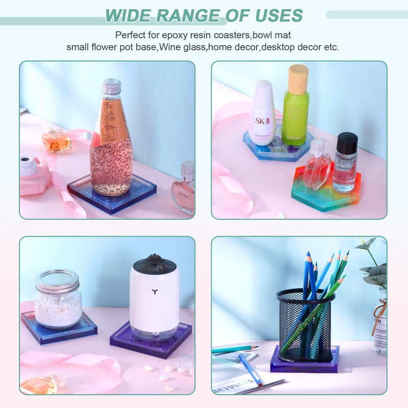 Aunocy 8Pcs Coaster Molds for Resin Casting, Including 4 Square and 4 Hexagon Epoxy Silicone Molds, Great for Making Coasters - Image 3