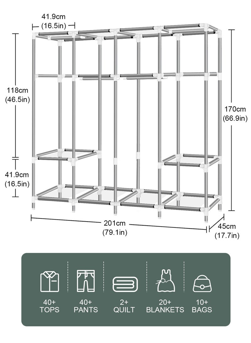 HomarKet - Portable Closet, 79.1 Inch/201cm Wardrobe Closet for Hanging Clothes with 4 Hanging Rods, 25mm Steel Tube Clothes Storage Organizer for Extra Sturdy, Quick and Easy to Assembly, Gray Cover - Image 1