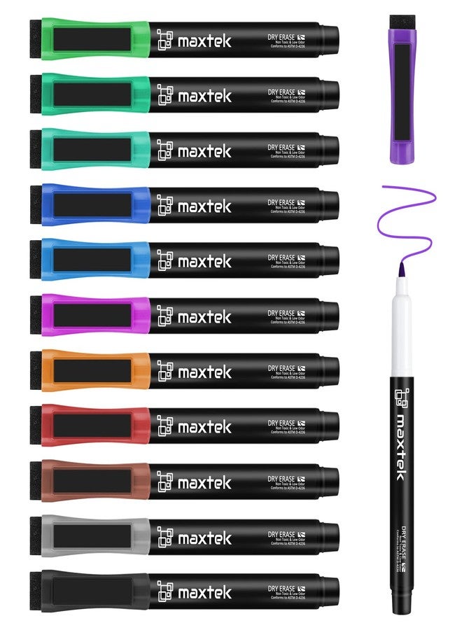 maxtek Magnetic Dry Erase Markers Ultra Fine Tip, 0.7mm Extra Fine Point Thin Dry Erase Markers with Eraser for Planning Whiteboard, Calendar Boards, 12 Colors, Low Odor - Image 1