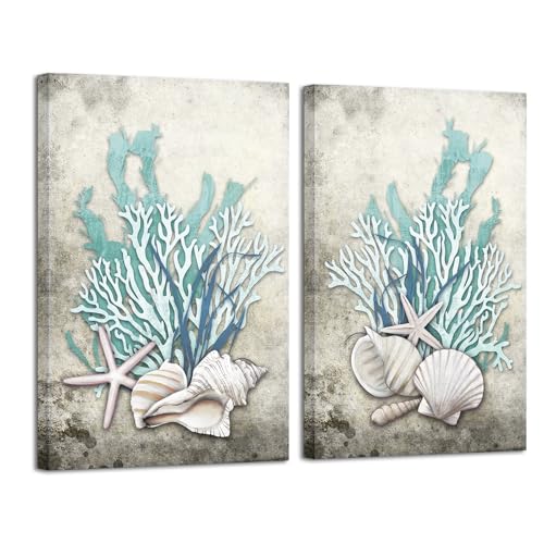 iHAPPYWALL 2 Pieces Set Ocean Theme Canvas Wall Art Coastal Shell Starfish Coral Conch Picture for Bathroom Kitchen Office Living Room Decor Ready to Hang 16x24inchx2pcs - Image 1