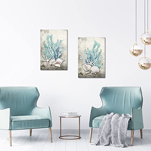 iHAPPYWALL 2 Pieces Set Ocean Theme Canvas Wall Art Coastal Shell Starfish Coral Conch Picture for Bathroom Kitchen Office Living Room Decor Ready to Hang 16x24inchx2pcs - Image 3