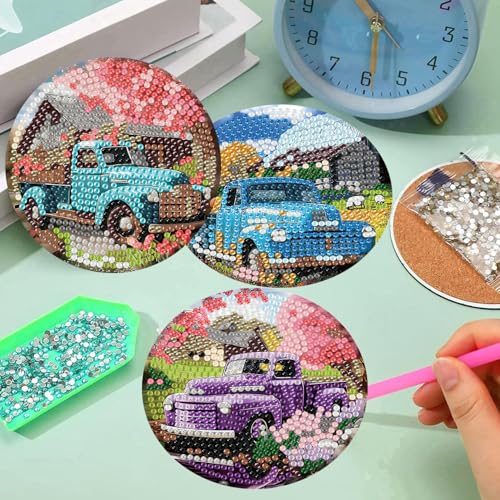 mrpwnle Diamond Art Coasters Kits, 8Pcs Diamond Painting Coasters Crafts Kit with Holder, DIY Truck Diamonds Art Non Slip Coaster Crafts Kits for Adults Beginners Gifts - Image 4