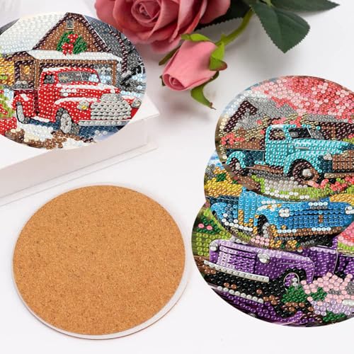mrpwnle Diamond Art Coasters Kits, 8Pcs Diamond Painting Coasters Crafts Kit with Holder, DIY Truck Diamonds Art Non Slip Coaster Crafts Kits for Adults Beginners Gifts - Image 3